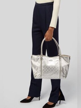 Authentic GUCCI GG implementation Tote Bag Silver w/COA